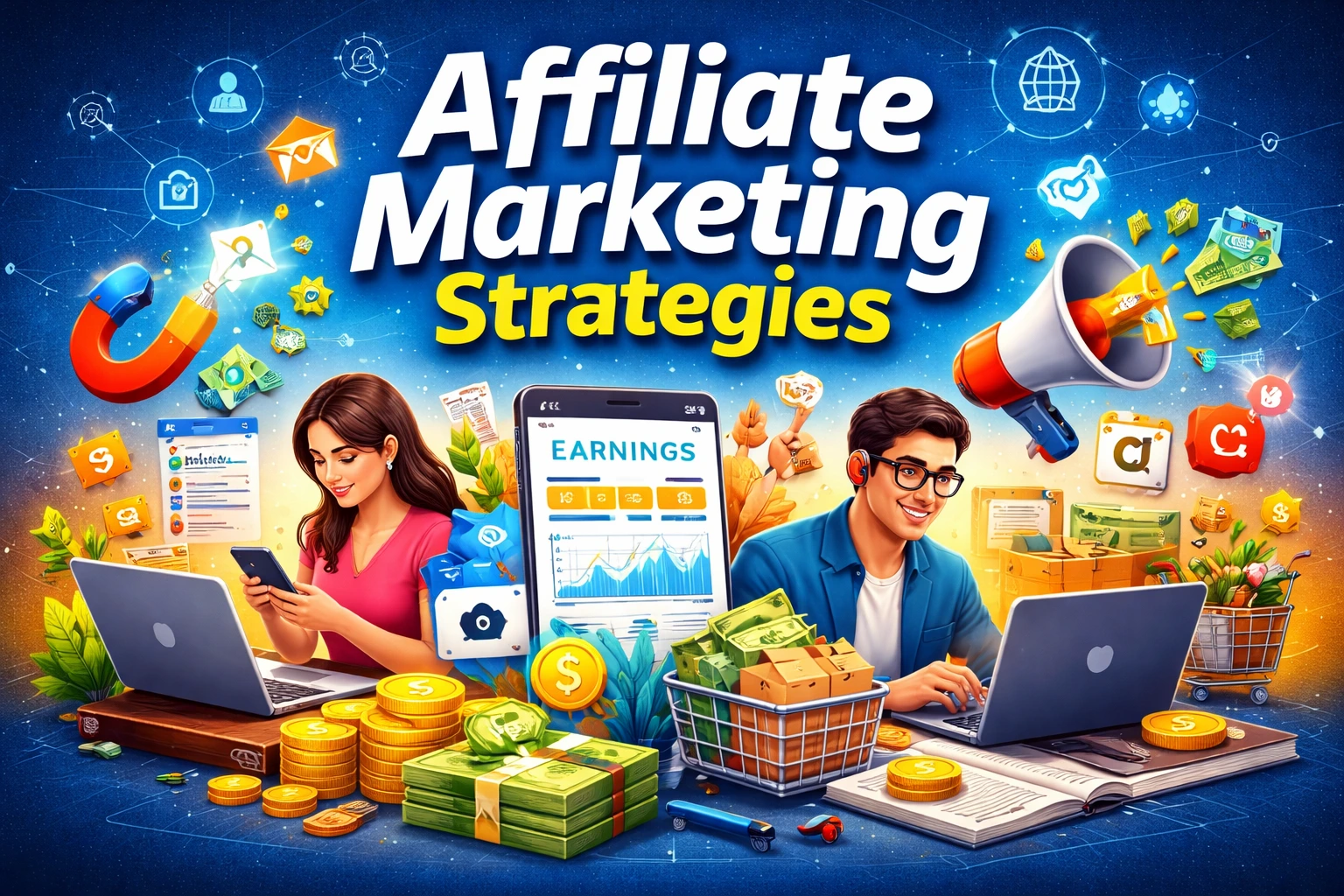 Affiliate marketers working on laptops with earnings dashboard, money icons, and online marketing tools representing affiliate income strategies