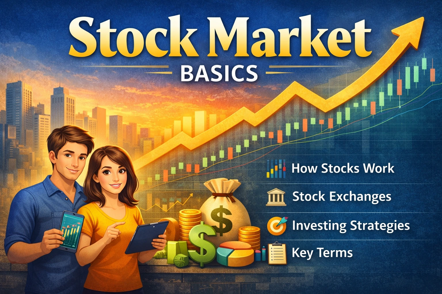 Illustration of stock market basics showing rising stock chart, coins, investors analyzing data, and financial growth symbols.