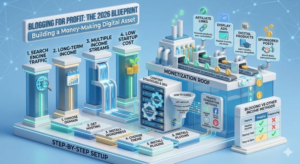 A 3D isometric infographic titled "Blogging for Profit: The 2026 Blueprint." The image shows a digital "factory" structure divided into levels: a base for "Step-by-Step Setup," four tall pillars for "Long-Term Income" and "Traffic," a core section for "Content Strategies & SEO," and a "Monetization Roof" with conveyor belts representing Affiliate Links, Display Ads, and Digital Products.