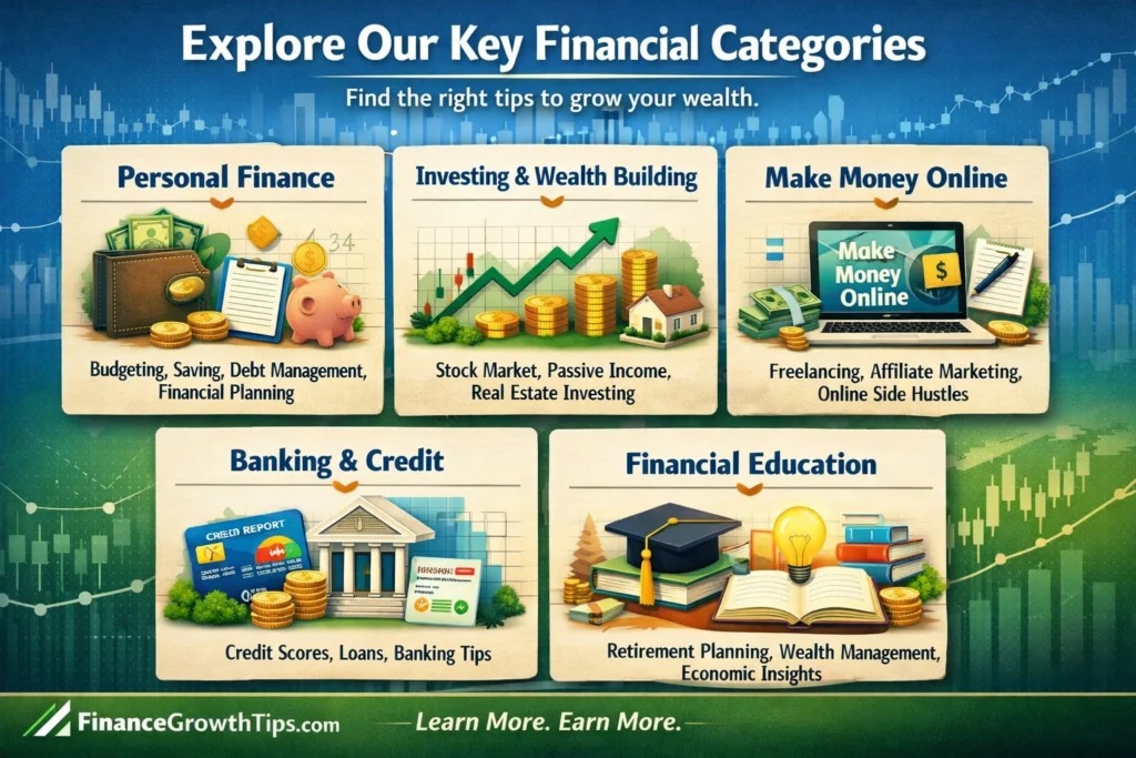Financial growth tree infographic showing the five main categories of Finance Growth Tips: Personal Finance, Investing and Wealth Building, Make Money Online, Banking and Credit, and Financial Education with key topics under each category.
