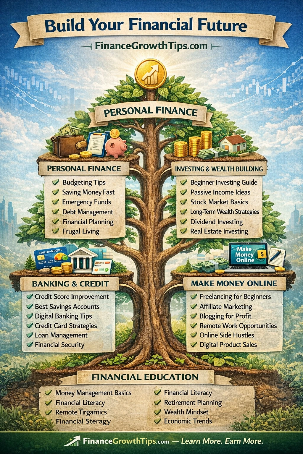 Financial growth tree infographic showing the five main categories of Finance Growth Tips: Personal Finance, Investing and Wealth Building, Make Money Online, Banking and Credit, and Financial Education with key topics under each category.