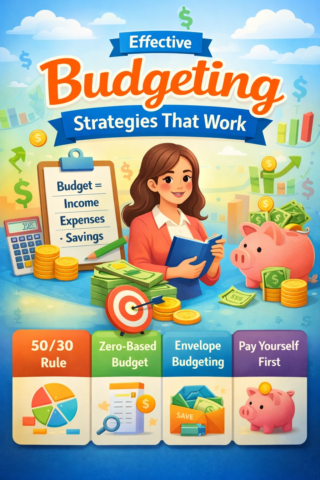 Effective budgeting strategies infographic showing 50/30/20 rule, zero-based budgeting, envelope budgeting, and pay yourself first method.