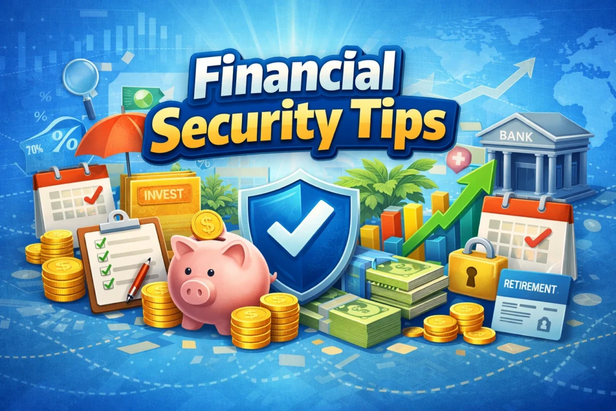 Illustration of financial security tips showing shield protection, piggy bank, savings, investment growth chart, and banking icons