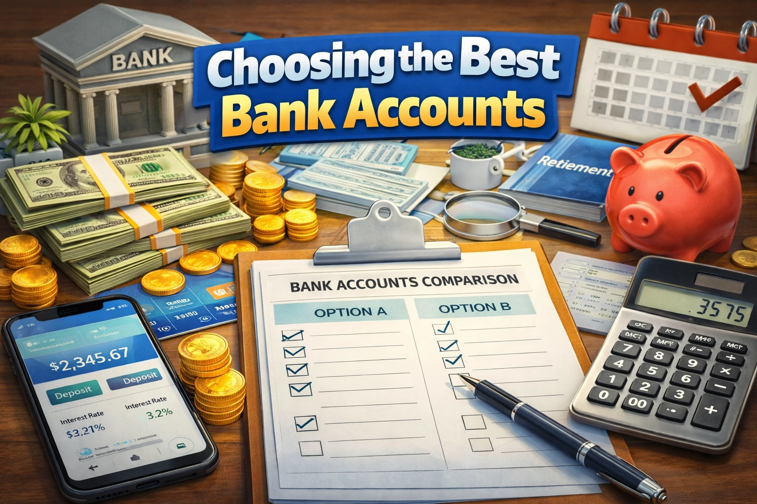 Realistic image showing bank account comparison checklist, smartphone banking app, calculator, cash, and savings tools
