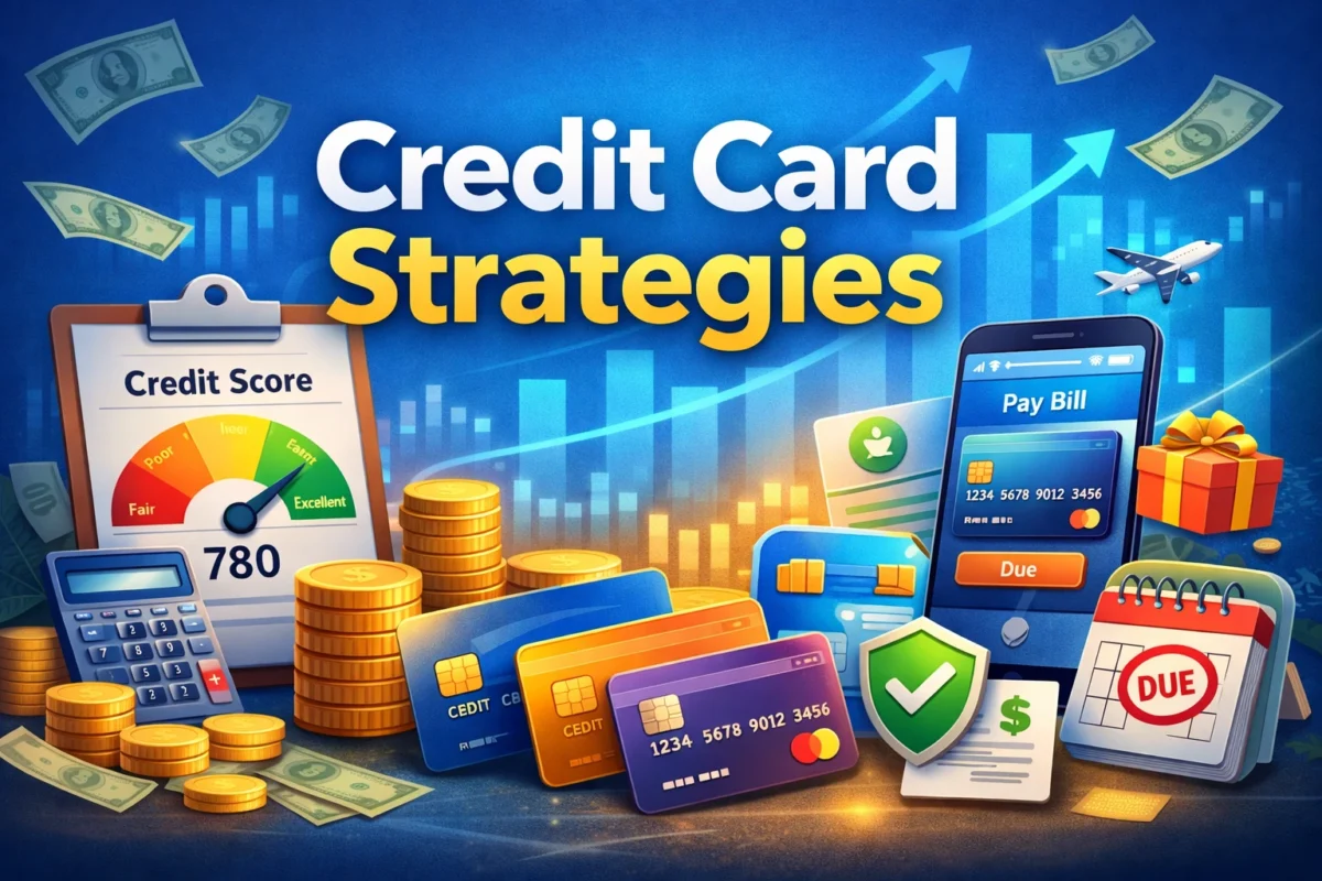Credit card strategies illustration showing credit score, cards, savings, and financial growth