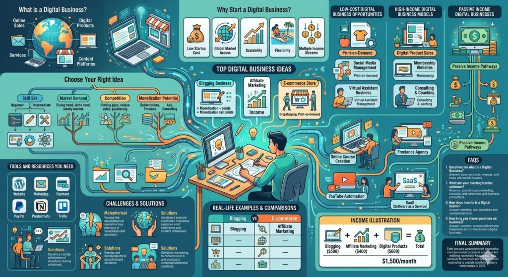 A comprehensive and modern infographic visually illustrating a complete guide to launching and scaling digital businesses in 2026. It covers foundational knowledge, a multi-step decision framework based on individual skill and market factors, examples of diverse business models from low-cost to high-income, necessary tools, passive income strategies, comparisons, FAQs, and a potential income illustration, culminating in a summary and motivational message for starting an online venture.