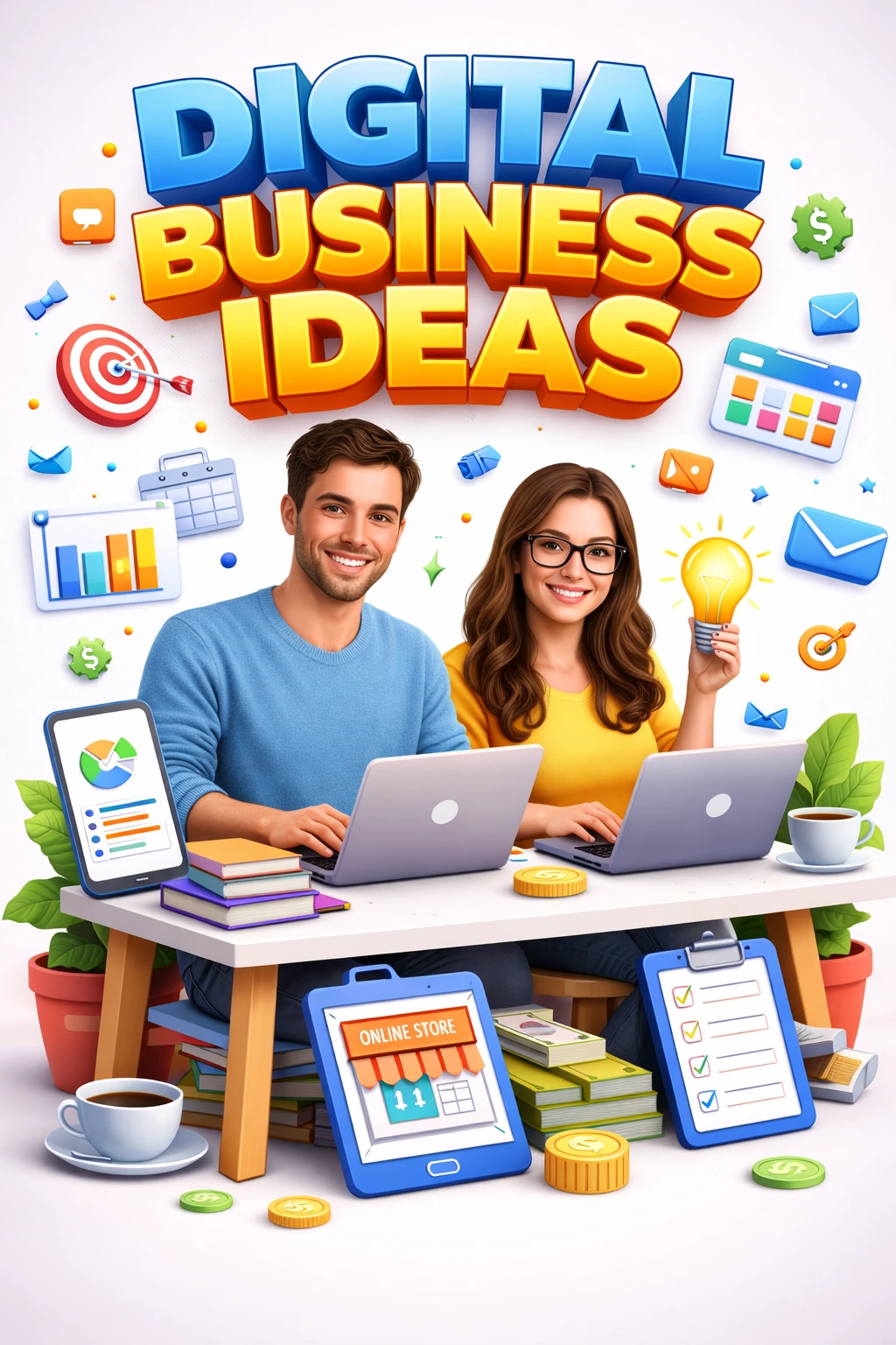 Realistic image of a man and woman working on laptops with digital business icons and “Digital Business Ideas” text