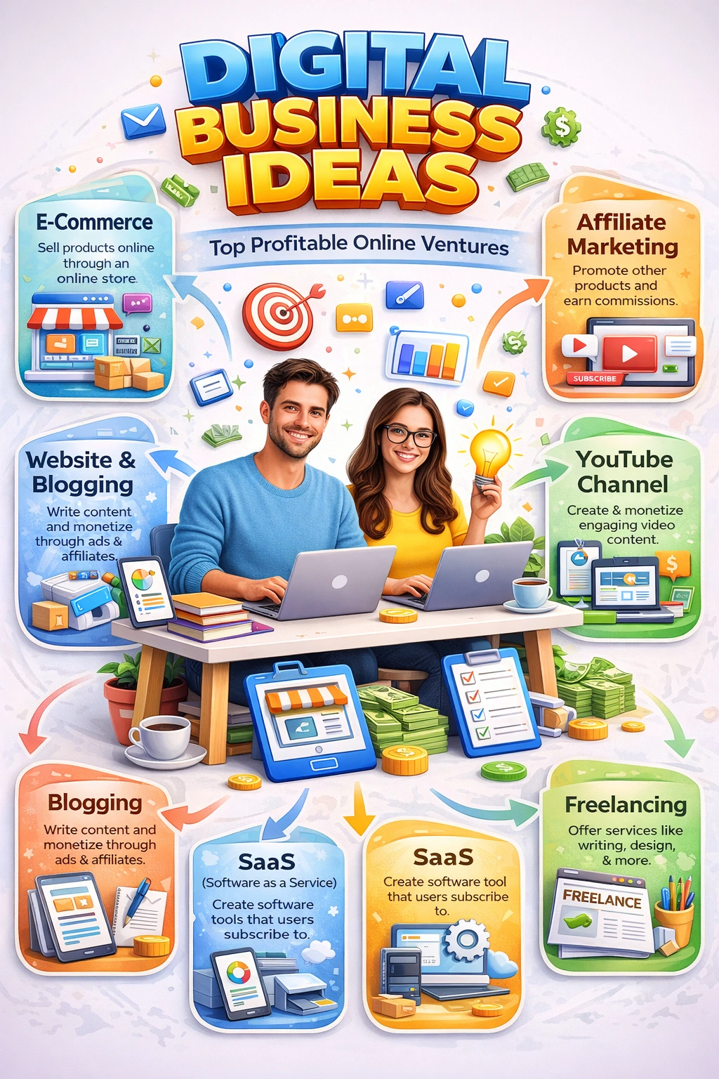 Infographic showing real professionals at a desk surrounded by colorful digital business icons, including e-commerce, blogging, SaaS, freelancing, and affiliate marketing.