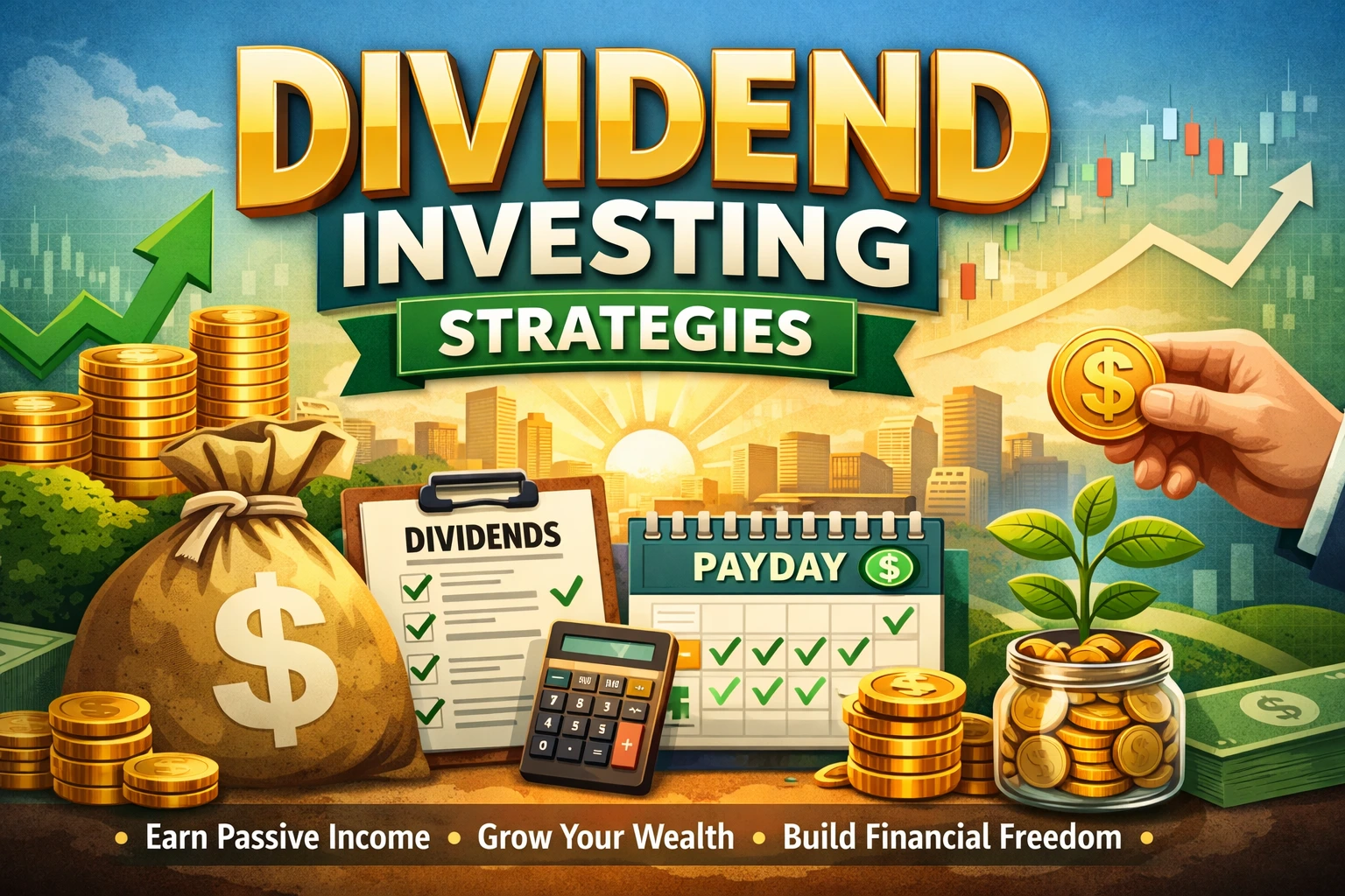 Illustration of dividend investing strategy showing coins, stock growth chart, dividend checklist, and passive income concept.