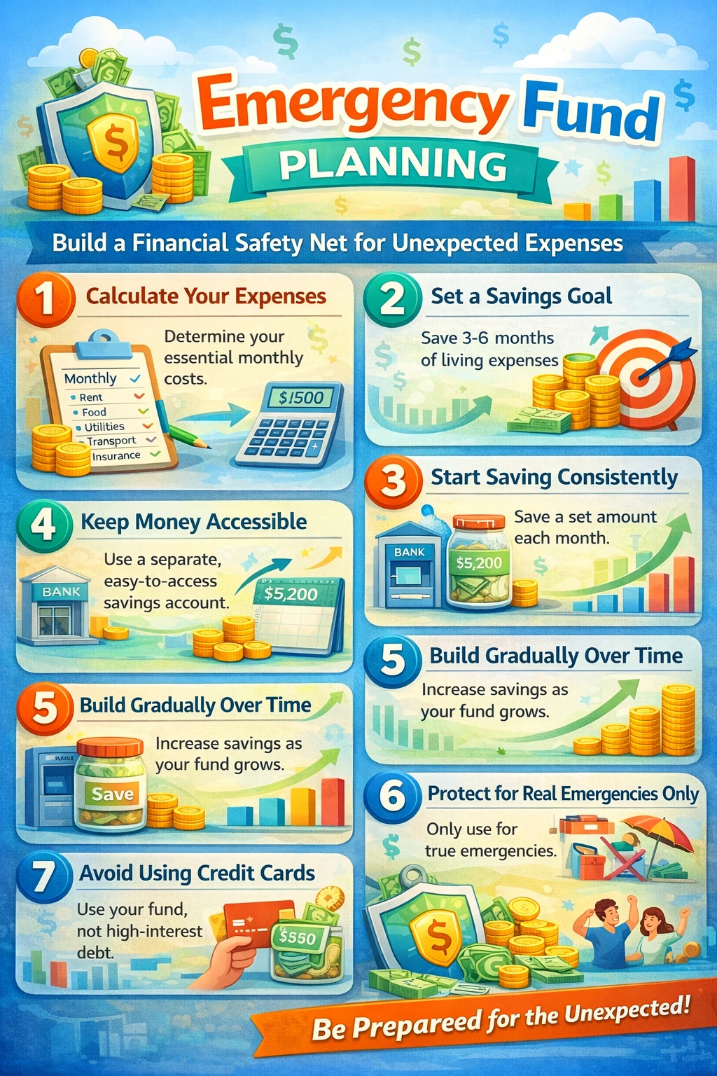 Emergency fund planning infographic showing steps to calculate expenses, set savings goals, save monthly, and build financial security.