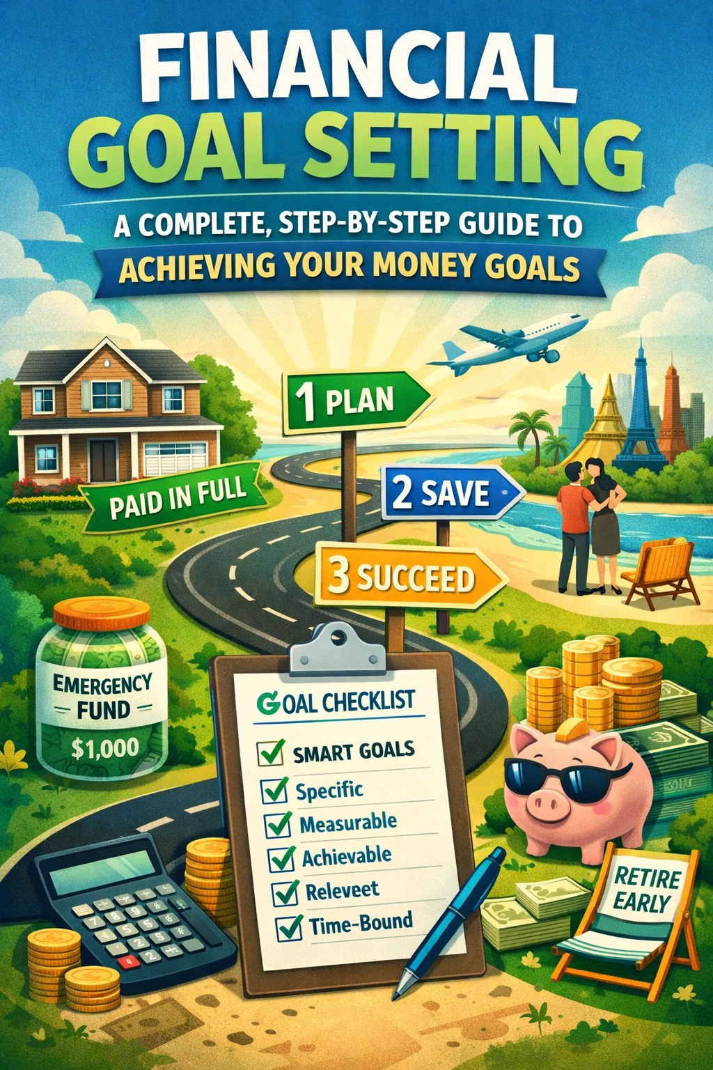 Financial goal setting roadmap showing plan, save, and succeed steps with emergency fund, savings jar, house, travel, and retirement goals.