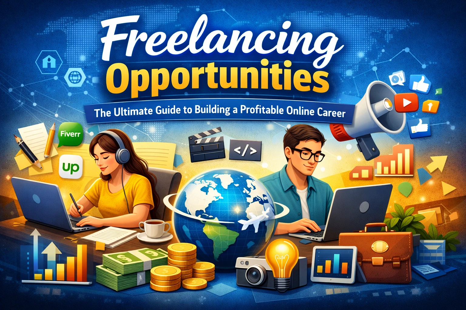 Freelancers working on laptops with online income icons representing freelancing opportunities and remote work success