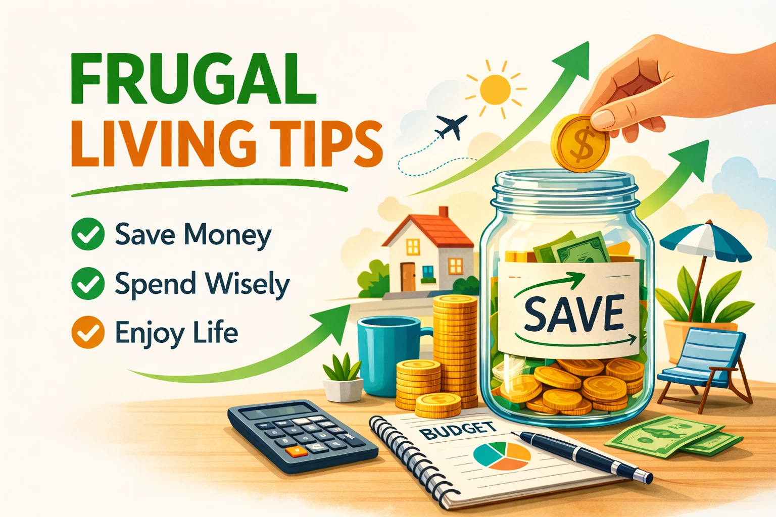 Frugal living tips illustration showing a savings jar with coins, budgeting notebook, calculator, and money-saving icons representing smart spending and saving habits.