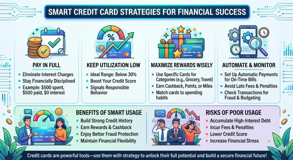 An infographic titled "Smart Credit Card Strategies for Financial Success" detailing four key habits: paying in full, keeping utilization low, maximizing rewards, and automating payments. It also contrasts the benefits of smart usage with the risks of poor usage.