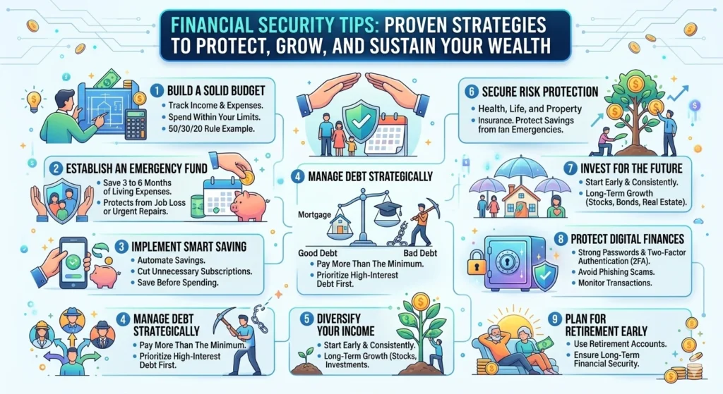 A detailed infographic titled "FINANCIAL SECURITY TIPS: PROVEN STRATEGIES TO PROTECT, GROW, AND SUSTAIN YOUR WEALTH" presenting nine numbered tips across three columns with illustrations for each, including budgeting, saving, debt management, and investing, against a modern, circuit-board background.