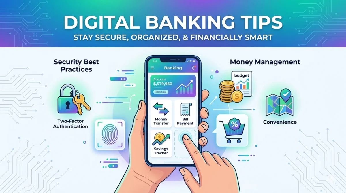 An infographic titled "Digital Banking Tips" showing a hand holding a smartphone displaying a banking app, flanked by illustrations representing security best practices and money management tools.