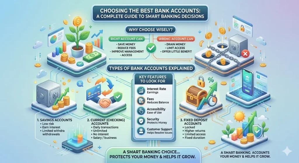 An isometric 3D infographic titled "Choosing the Best Bank Accounts: A Complete Guide to Smart Banking Decisions". It explains why choosing wisely matters, contrasts right vs. wrong accounts, breaks down types of accounts (Savings, Current, Fixed Deposit), and lists key features to look for like interest rates, fees, accessibility, security, and customer support. It features various digital icons, buildings, and figures.