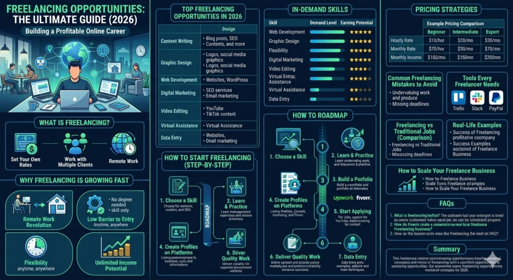 A comprehensive vertical infographic titled "Freelancing Opportunities: The Ultimate Guide (2026)" featuring sections on in-demand skills, a step-by-step roadmap for beginners, pricing strategies, and comparisons between freelancing and traditional jobs in a modern blue and teal digital aesthetic.