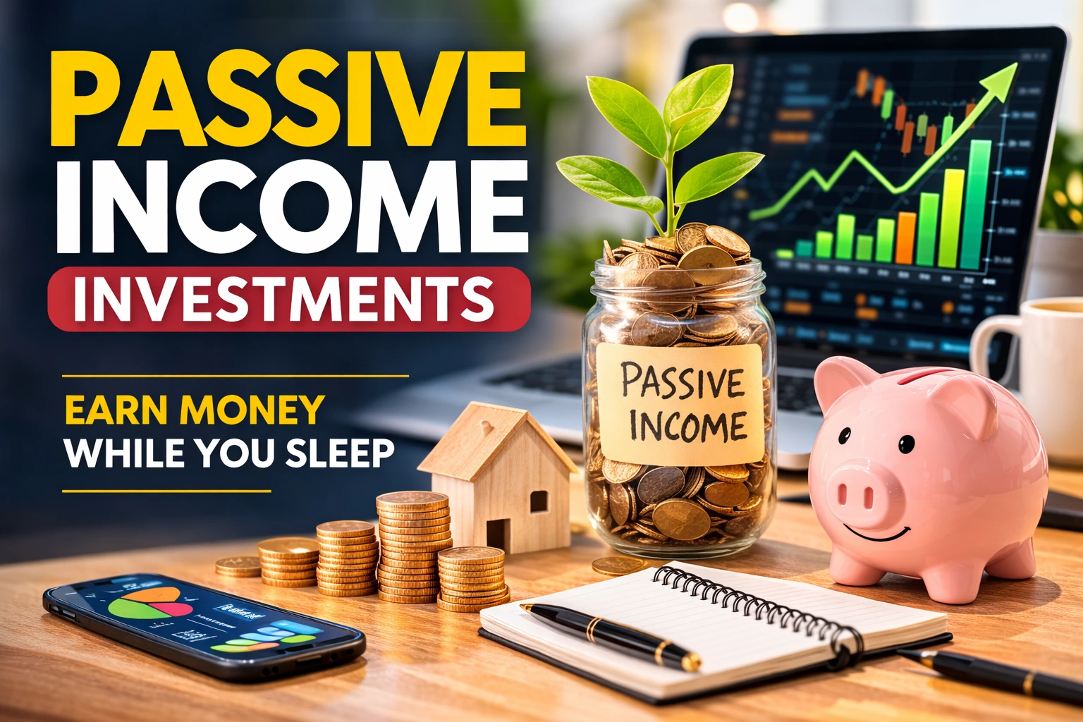 Illustration of passive income investments featuring a jar of coins with a growing plant, a piggy bank, a house, stacks of cash, and charts showing financial growth.