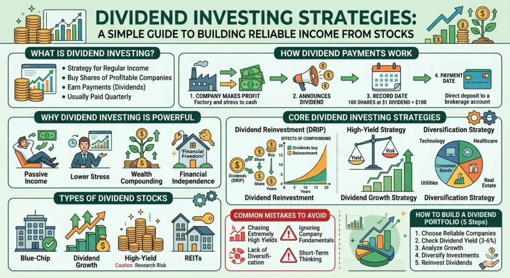 Illustration of dividend investing strategy showing coins, stock growth chart, dividend checklist, and passive income concept.