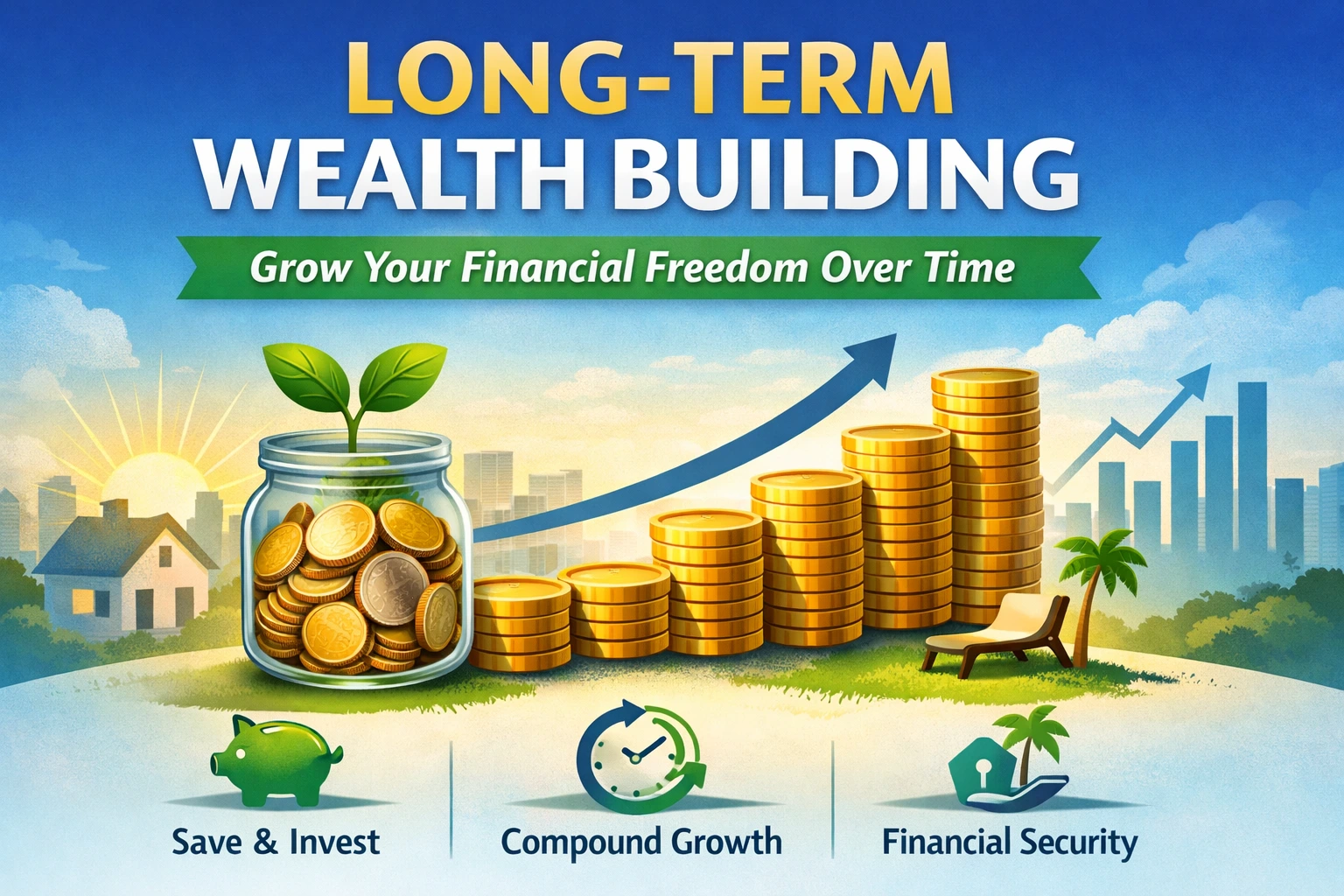 Long-term wealth building concept showing coins growing upward with investment growth and financial freedom over time.