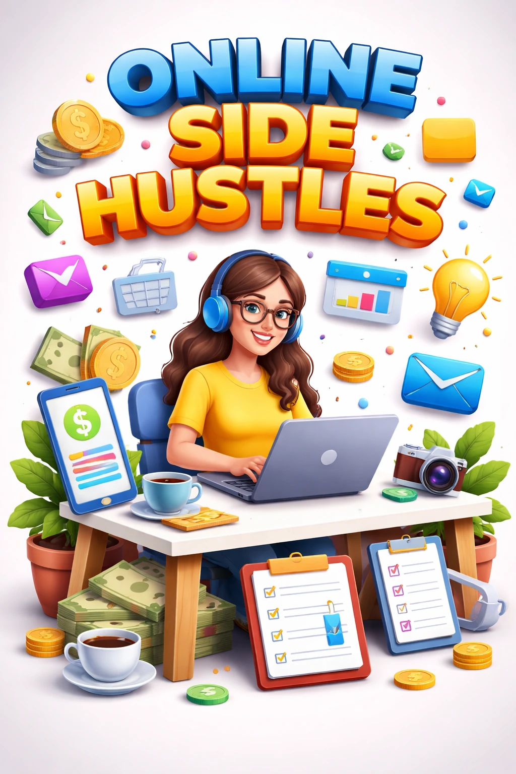 3D illustration of a woman working on a laptop with money icons and “Online Side Hustles” text