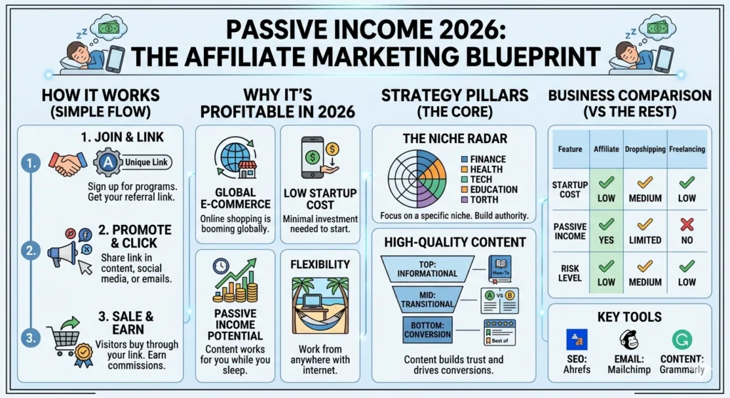 A clean and simple horizontal infographic titled "Passive Income 2026: The Affiliate Marketing Blueprint." It features four distinct columns: "How It Works" with a 3-step flow, "Why It’s Profitable" with icon-based benefits, "Strategy Pillars" showing a niche radar and content funnel, and a "Business Comparison" chart pitting Affiliate Marketing against Dropshipping and Freelancing.