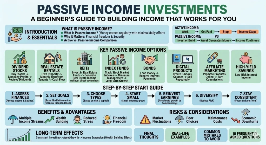 A comprehensive infographic guide to passive income investments, featuring sections on definition, investment types like dividend stocks and real estate, a 7-step startup guide, benefits, and risk management.