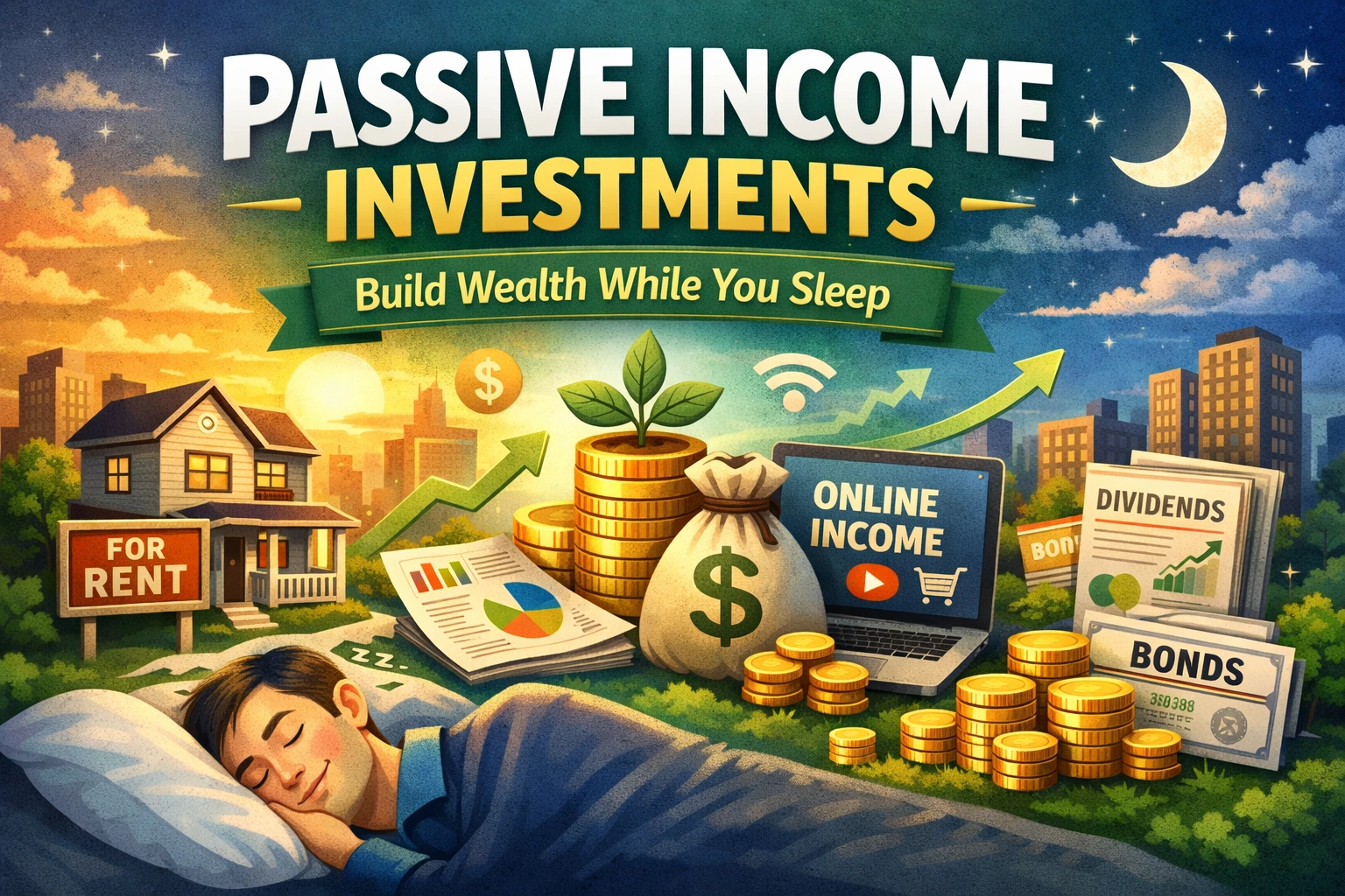 Illustration showing passive income investments including rental property, dividend stocks, online income, and growing wealth assets