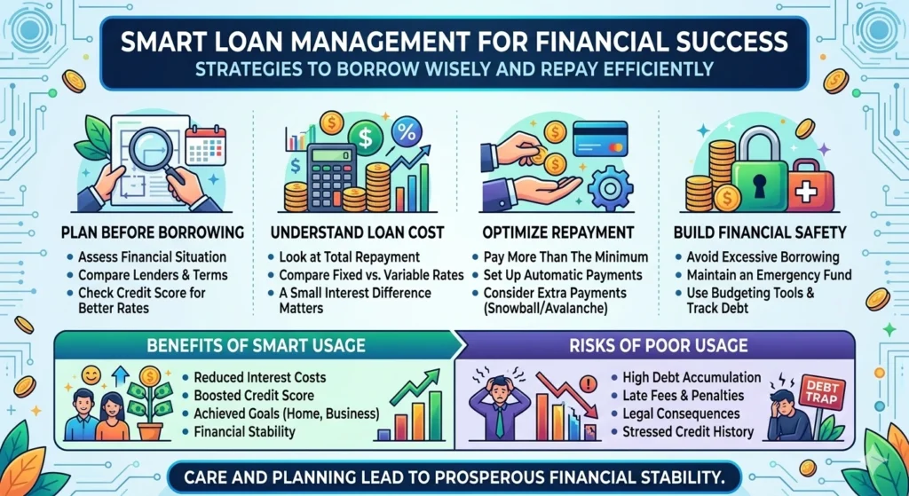 An infographic titled "Smart Loan Management for Financial Success" illustrating four key steps: planning before borrowing, understanding loan costs, optimizing repayment, and building financial safety. It also contrasts the benefits of smart loan usage with the risks of poor management.