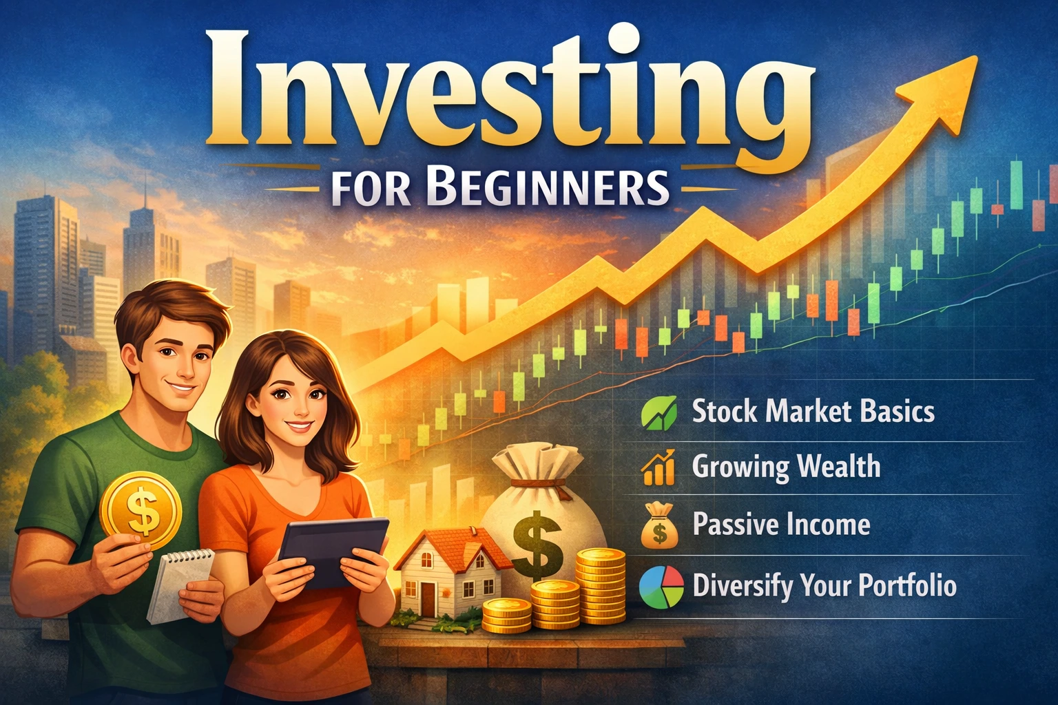 Illustration showing beginner investors with stock market charts, coins, and growth arrow representing investing and wealth building.