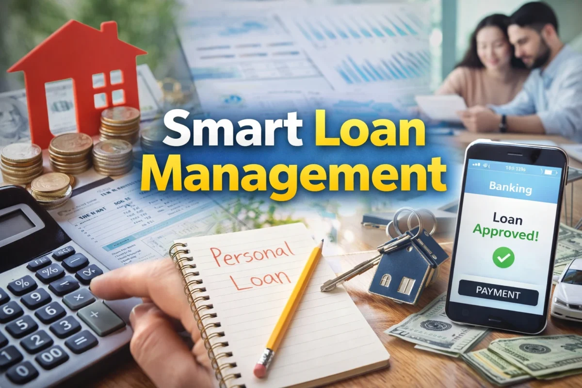 Smart loan management concept showing loan approval, calculator, money, and financial planning tools