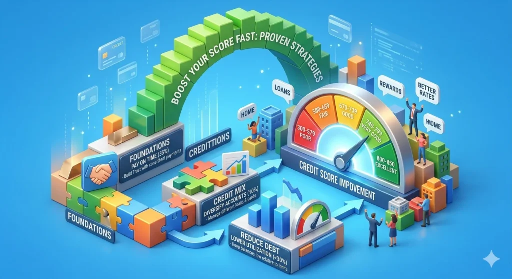 Illustration of credit score meter improving with checklist and financial growth symbols