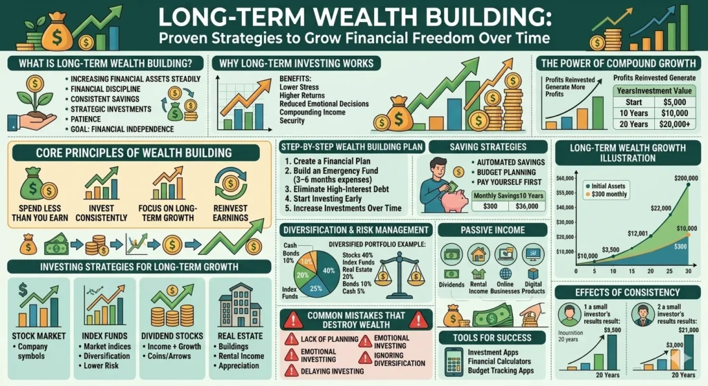A comprehensive financial infographic titled "Long-Term Wealth Building," featuring visual modules on compound growth, core investment principles, a 5-step wealth plan, diversification charts, and a comparison of consistency in investing over 20 years.