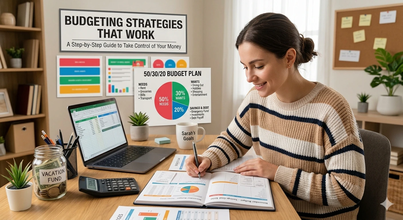 A woman sitting at a desk organizing her finances with two clear digital displays in the foreground. One display features the title "Budgeting Strategies That Work: A Step-by-Step Guide," and the other shows a 50/30/20 budget plan pie chart.