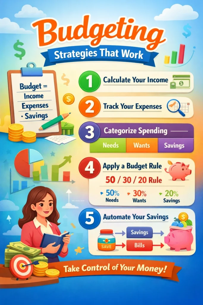 Budgeting strategies that work infographic showing steps to calculate income, track expenses, categorize spending, apply 50/30/20 rule, and automate savings.