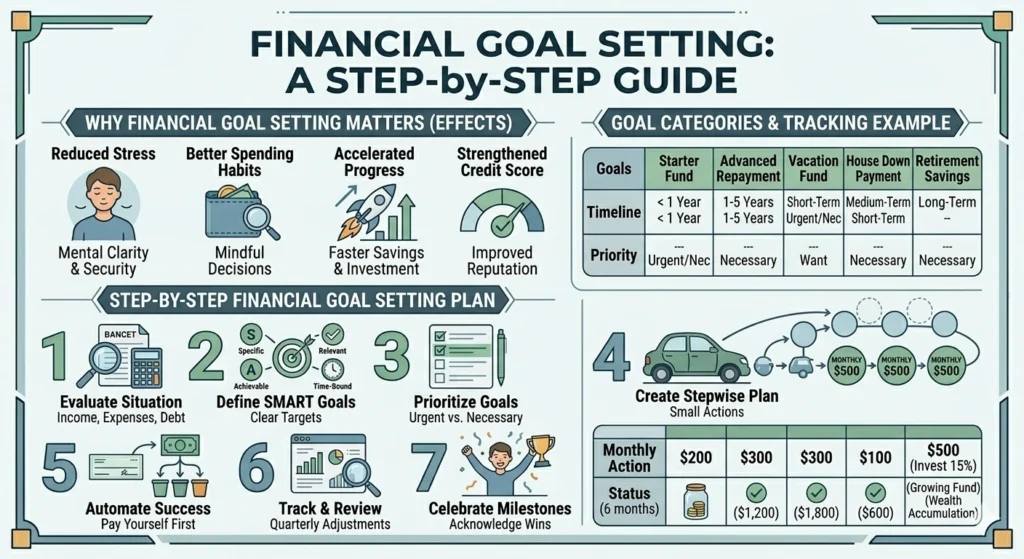 A detailed financial infographic titled "Financial Goal Setting: A Step-by-Step Guide." It features sections on why goal setting matters (reduced stress, better habits), a 7-step action plan, goal categorization (short vs. long-term), and a tracking table showing monthly savings progress for emergency funds and retirement.