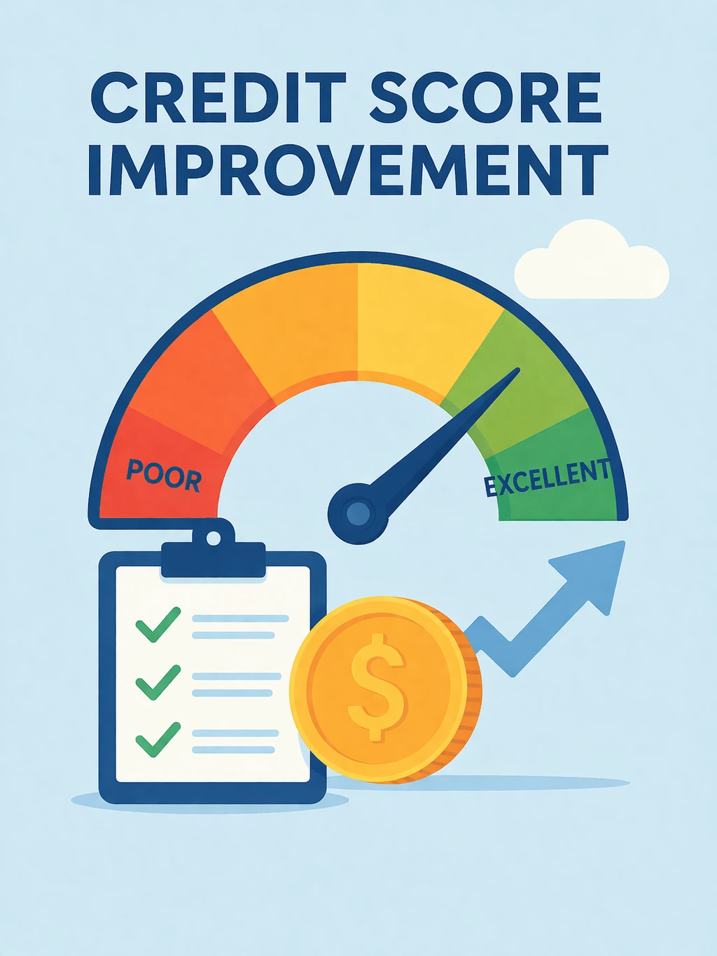 Illustration of credit score meter improving with checklist and financial growth symbols