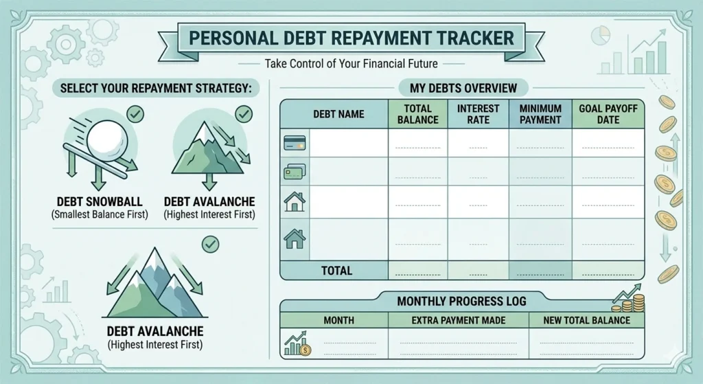A clean, printable financial worksheet for tracking debt repayment. Includes sections for Debt Name, Total Balance, Interest Rate, and a Monthly Progress Log to monitor debt reduction.