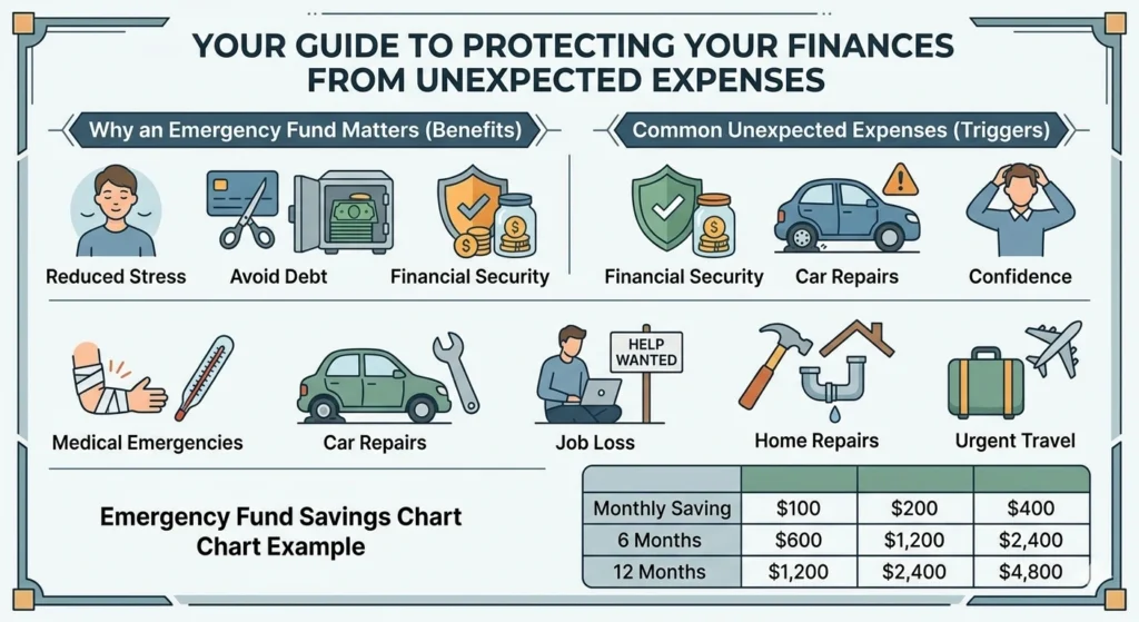 An infographic titled "Your Guide to Protecting Your Finances from Unexpected Expenses" featuring icons for medical emergencies, car repairs, job loss, and home repairs, alongside an emergency fund savings chart.