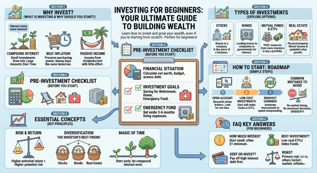 A comprehensive infographic for beginner investors showing why to invest, a pre-investment checklist, essential concepts like risk and return, types of investments (stocks, bonds, ETFs), and a step-by-step roadmap to building wealth.