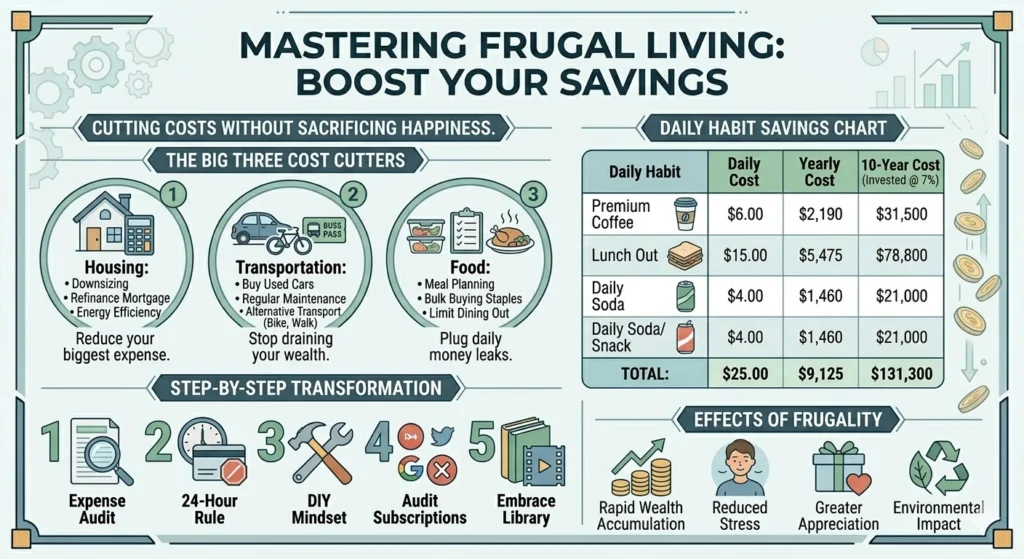 A comprehensive financial infographic titled "Mastering Frugal Living: Boost Your Savings." It features sections on the 'Big Three' cost cutters (housing, transport, food), a 5-step lifestyle transformation plan, a daily habit savings chart, and the positive effects of frugality.