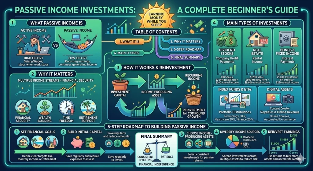 A colorful, structured infographic for beginners about passive income investments. It features sections on Active vs. Passive income, the benefits of financial security and time freedom, a cycle showing reinvestment for compound growth, five main investment types (Dividend Stocks, Real Estate, Bonds, ETFs, and Digital Assets), and a 5-step roadmap to building wealth.