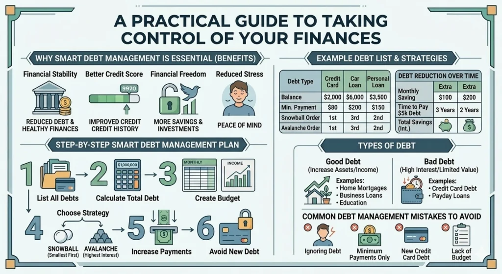 A comprehensive financial infographic titled "A Practical Guide to Taking Control of Your Finances." It features a 6-step debt management plan, a comparison between "Good Debt" and "Bad Debt," common mistakes to avoid, and a data table illustrating the Snowball and Avalanche repayment methods.