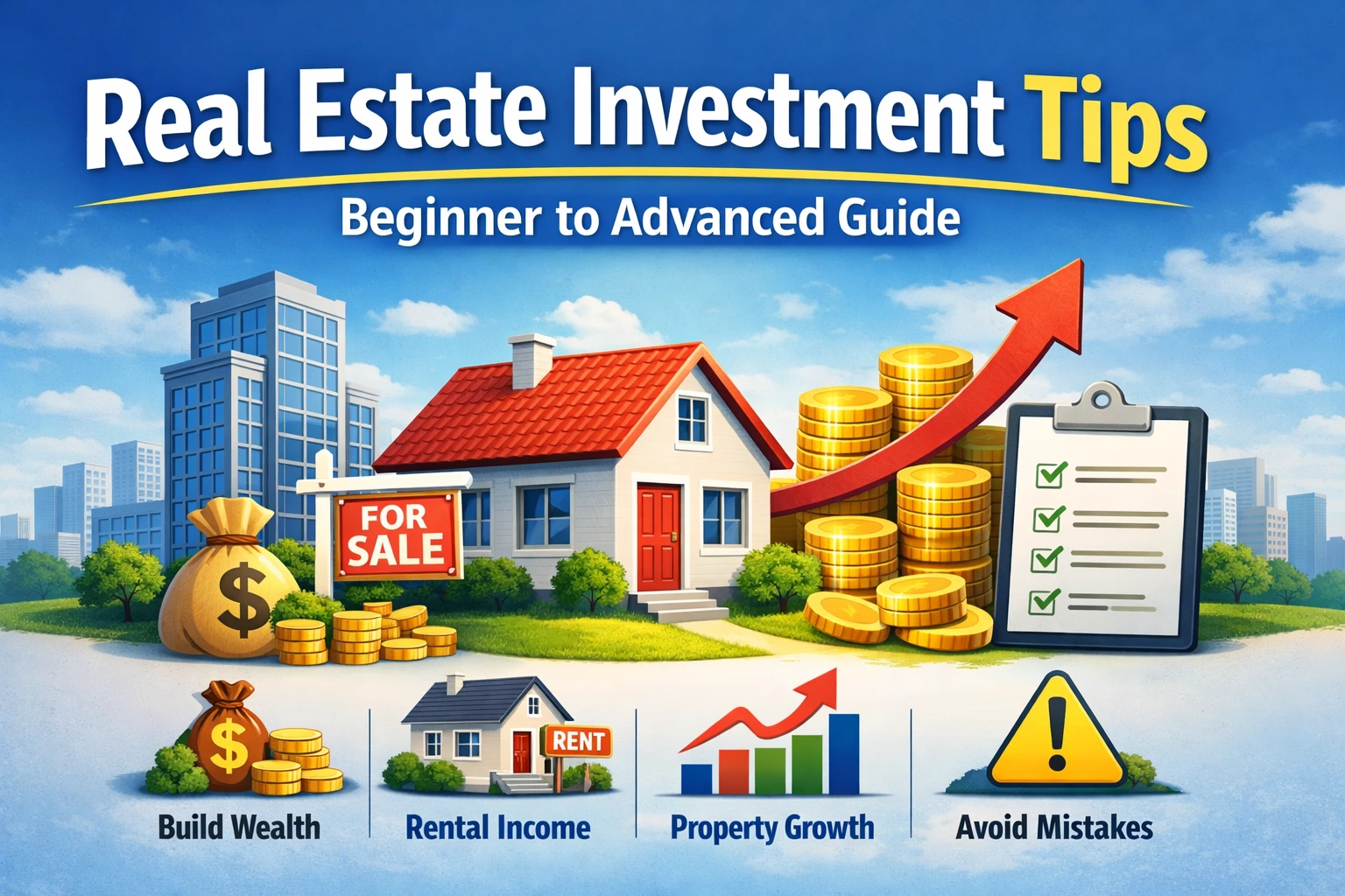 Illustration of a house for sale with coins, growth chart, and real estate investment concepts