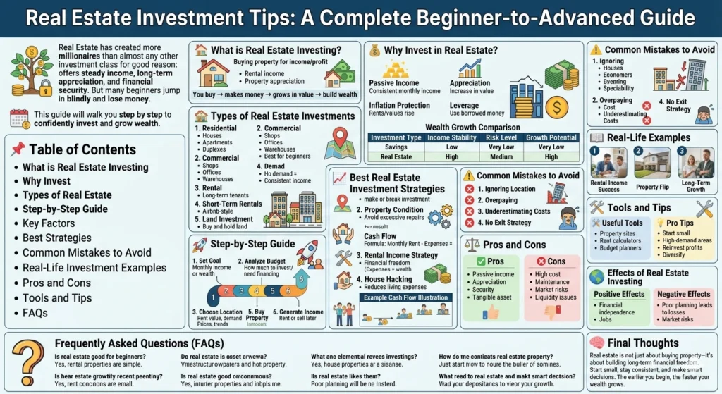 A comprehensive infographic titled "Real Estate Investment Tips: A Complete Beginner-to-Advanced Guide." It features sections on investment types, a 6-step getting started guide, comparison tables for wealth growth, common mistakes to avoid, and a FAQ section, all organized with clean icons and a professional blue and white color scheme.