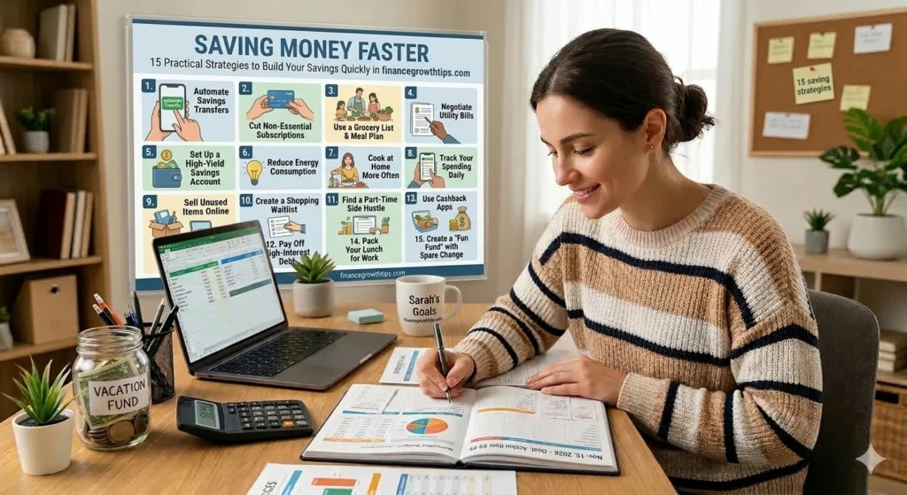 Saving money faster infographic showing steps like pay yourself first, automate savings, reduce expenses, and increase income.
