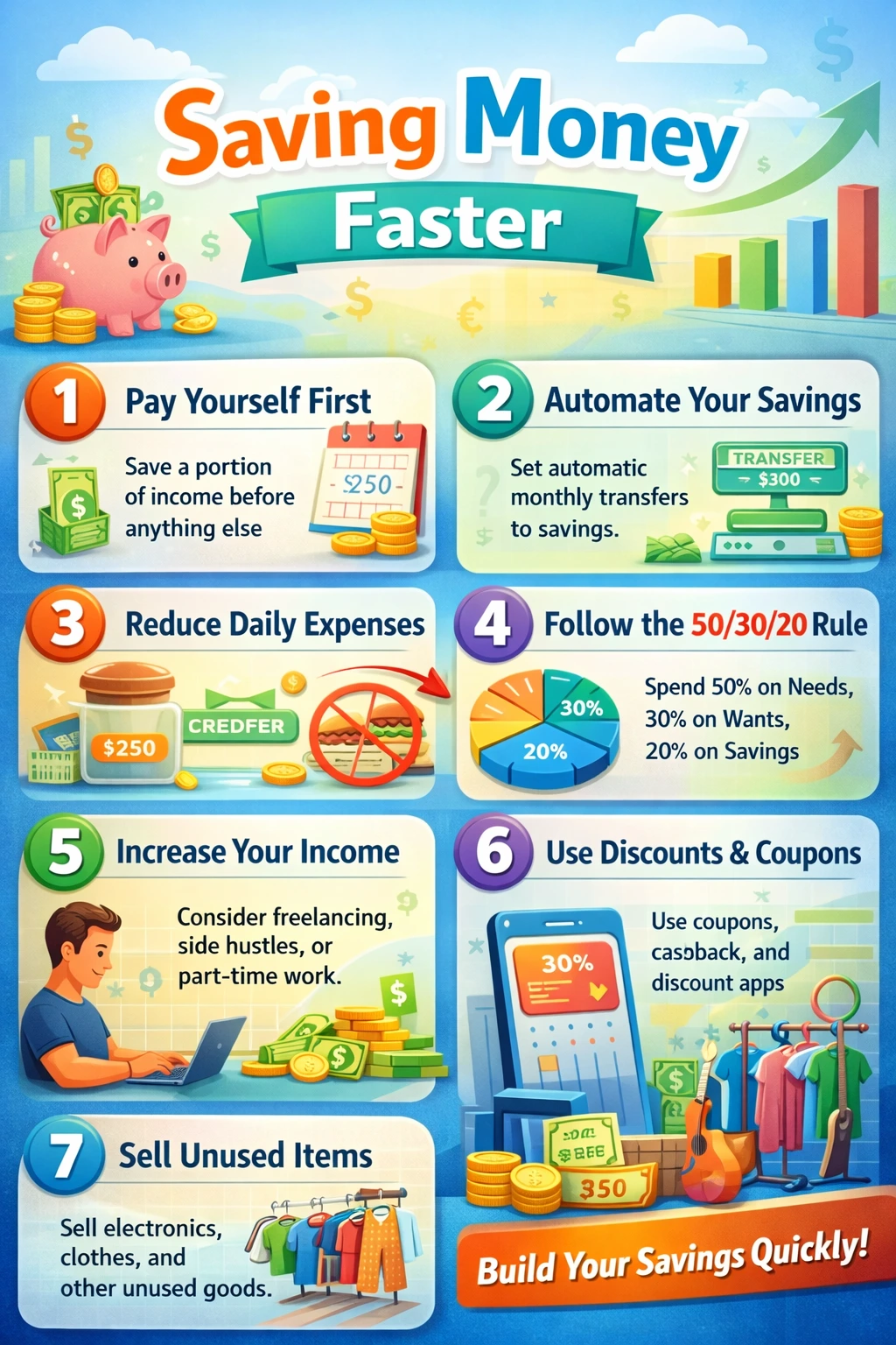 Saving money faster infographic showing steps like pay yourself first, automate savings, reduce expenses, and increase income with illustrations.