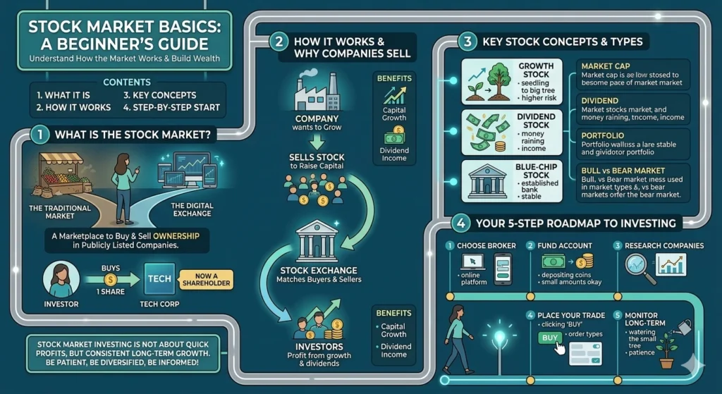 A complete infographic explaining stock market basics for beginners. It features four main sections: 1. What the Stock Market Is (with a traditional vs. digital exchange comparison), 2. How It Works & Why Companies Sell (showing capital raising), 3. Key Concepts & Types (defining stocks like Growth and Blue-Chip), and 4. A 5-Step Roadmap to Investing (Broker, Fund, Research, Trade, Monitor).