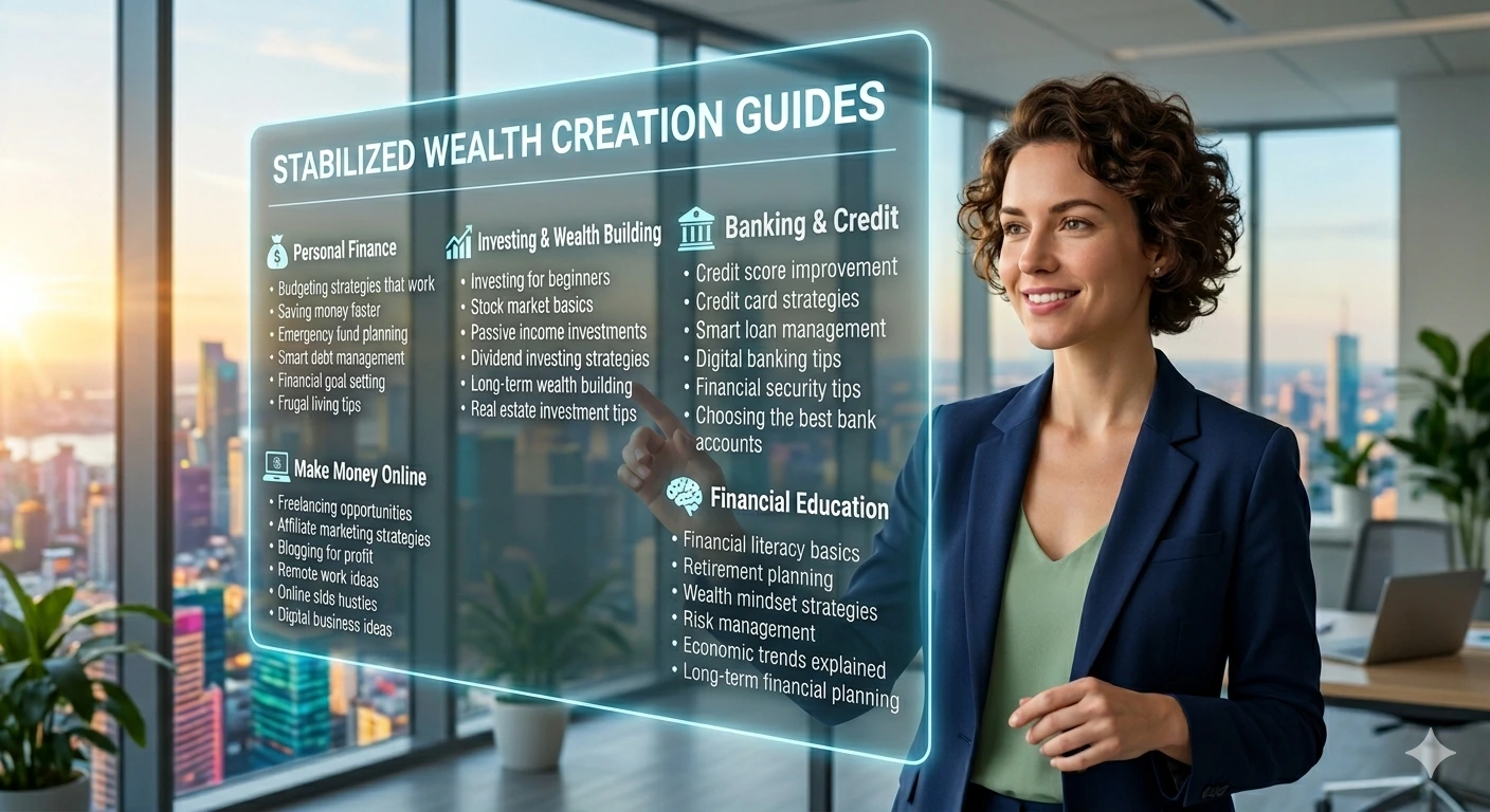 A professional woman in a navy blazer interacting with a glowing holographic display titled "STABILIZED WEALTH CREATION GUIDES" in a modern high-rise office.